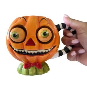 RARE Department 56 Halloween Pumpkin Coffee Tea Mug w/ Googley Eyes - Retired